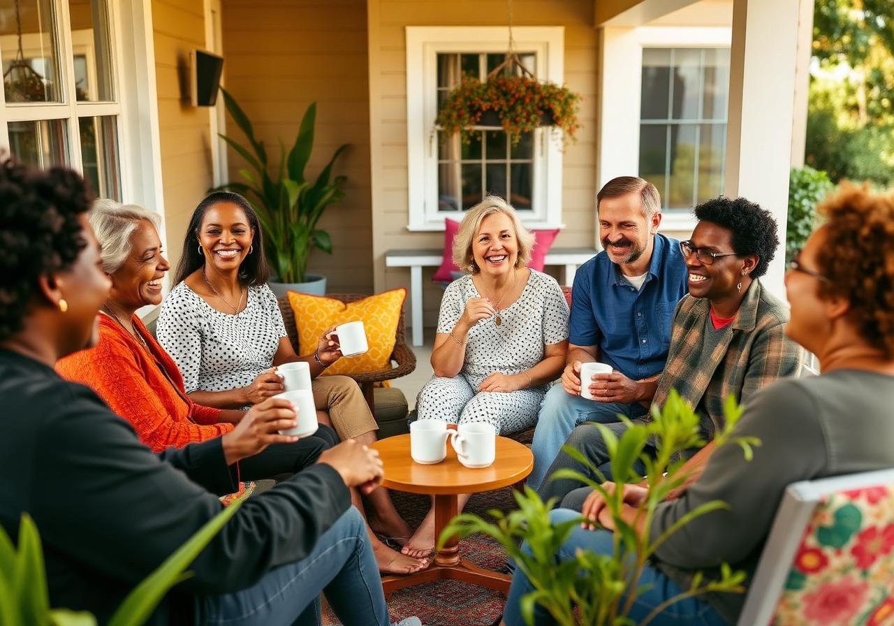 A diverse group sharing coffee on a sunny porch
