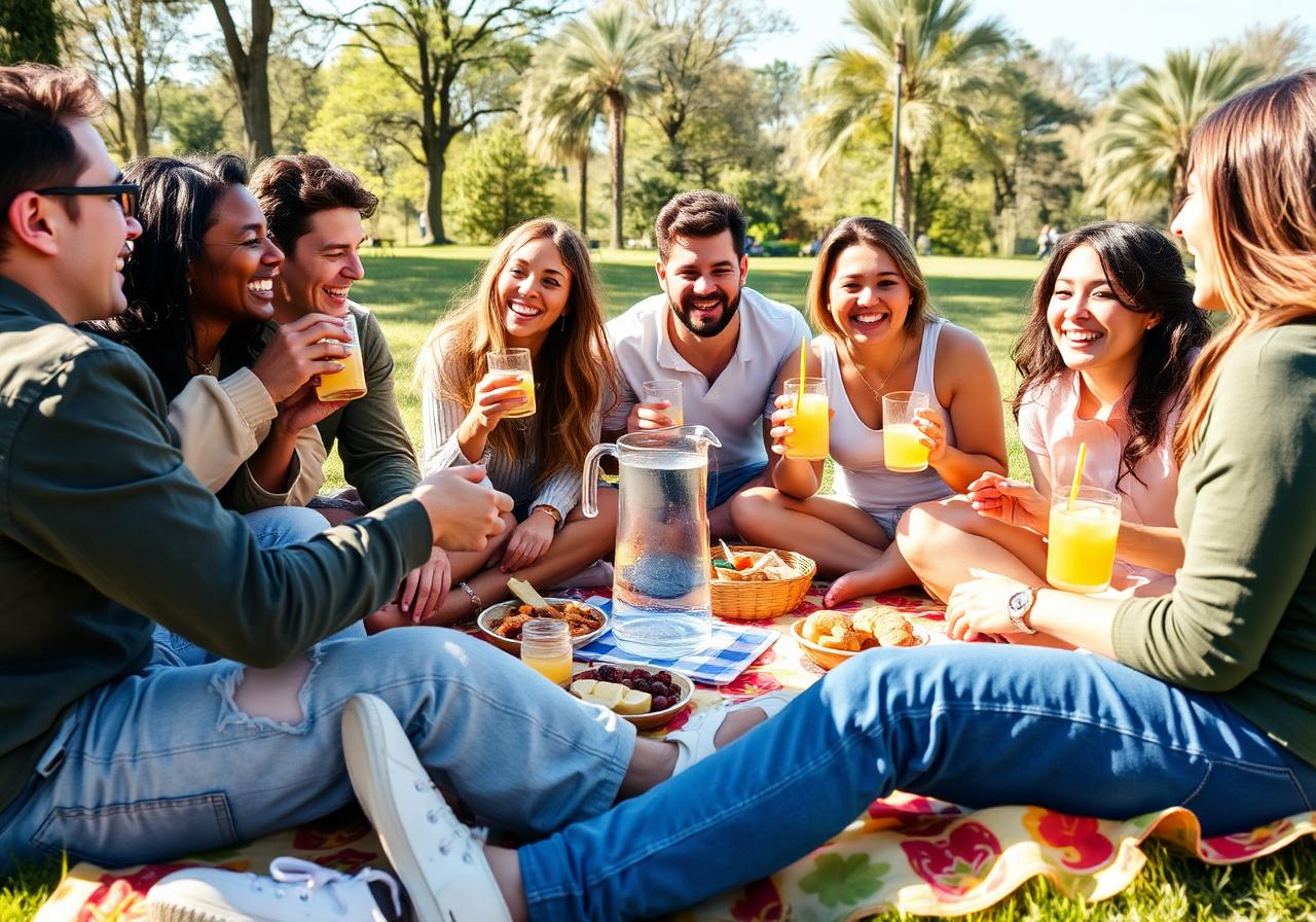 Friends sharing a sunny picnic together
